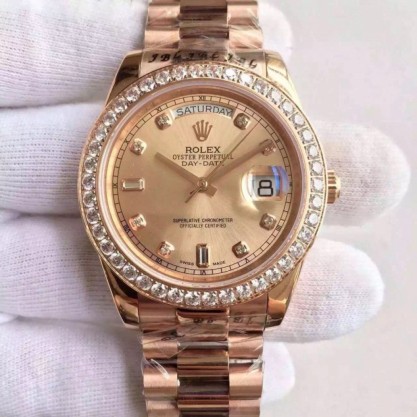 Replica Rolex Day-Date II 218235 41MM KW Rose Gold & Diamonds Gold Dial Swiss 3255